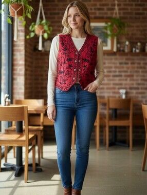 Vintage CHYSANTHEMEM Wool Blend Embroidered Red Floral Vest Ladies Small ARTSY